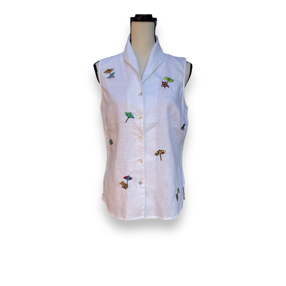 Richard Malcolm Womens L White Irish Linen Embroidered Beach Novelty Print Top